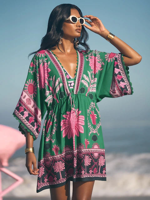 Love & Roses Green Viscose Tropical Kaftan