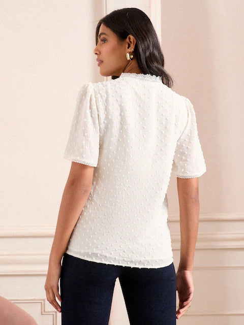 Love & Roses White Dobby Flutter Sleeve Blouse